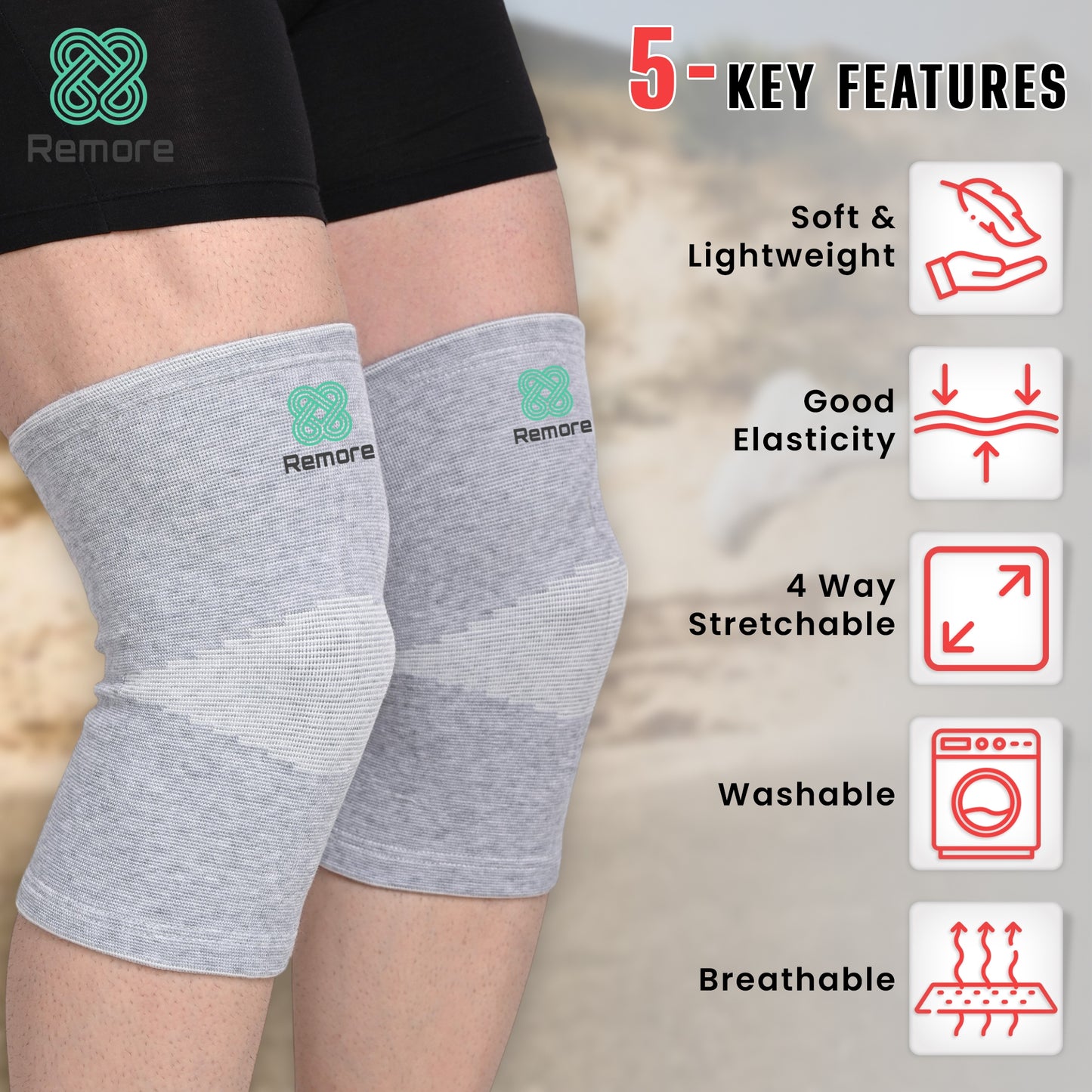 Remore® Bamboo Yarn Knee Brace for Men and Women - Knee Pain, Gym, Running, Basketball, Meniscus Tear, Sports, Joint Pain Relief, Injury Recovery (Pack Of 1 Pair)