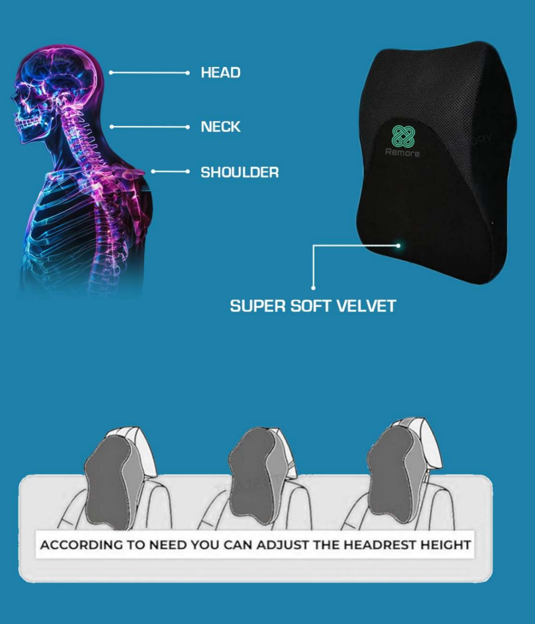 Remore Car Neck Pillow | Memory Foam Neck Pillow for Car, Car Seat Head Rest Cushion for Neck & Cervical Support | Neck Pillow with Breathable Removable Cover (Large, Black, Pack of 1)